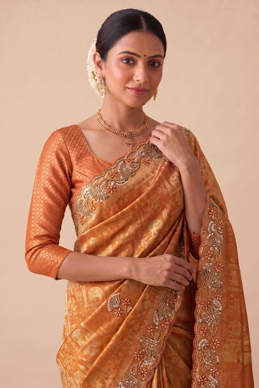 Elegant Gold Banarasi Silk Woven Saree Hand Work for Women