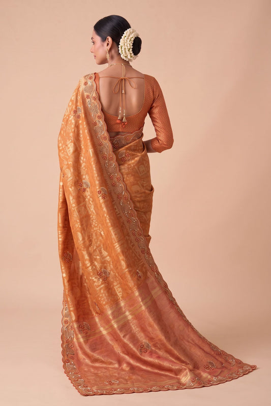 Elegant Gold Banarasi Silk Woven Saree Hand Work for Women