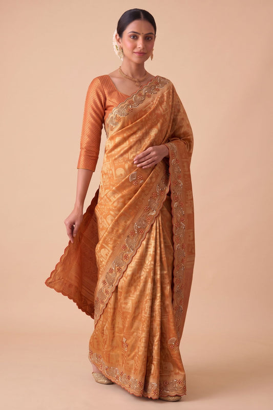 Elegant Gold Banarasi Silk Woven Saree Hand Work for Women