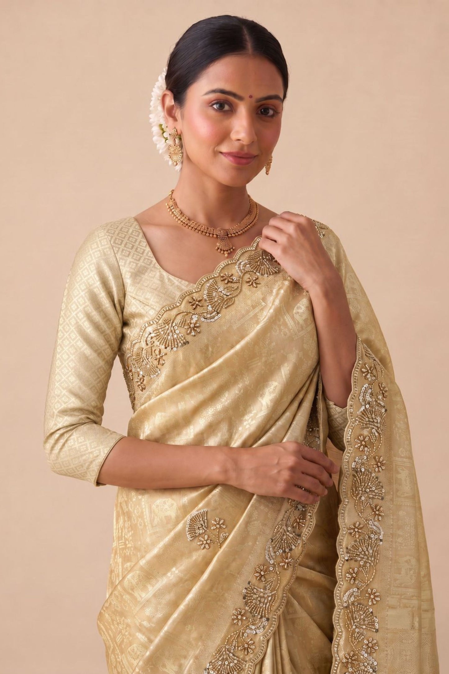 Premium Cream Banarasi Silk Woven Saree  Hand Work for Women