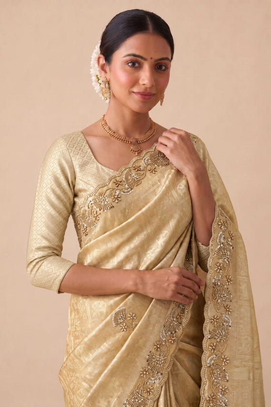 Premium Cream Banarasi Silk Woven Saree  Hand Work for Women