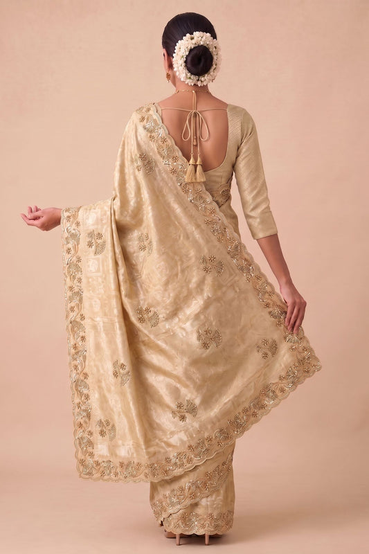 Premium Cream Banarasi Silk Woven Saree  Hand Work for Women