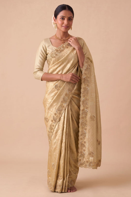 Premium Cream Banarasi Silk Woven Saree  Hand Work for Women