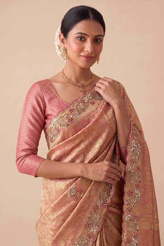 Beautiful Rose Pink Banarasi Silk Woven Saree Hand Work for Women