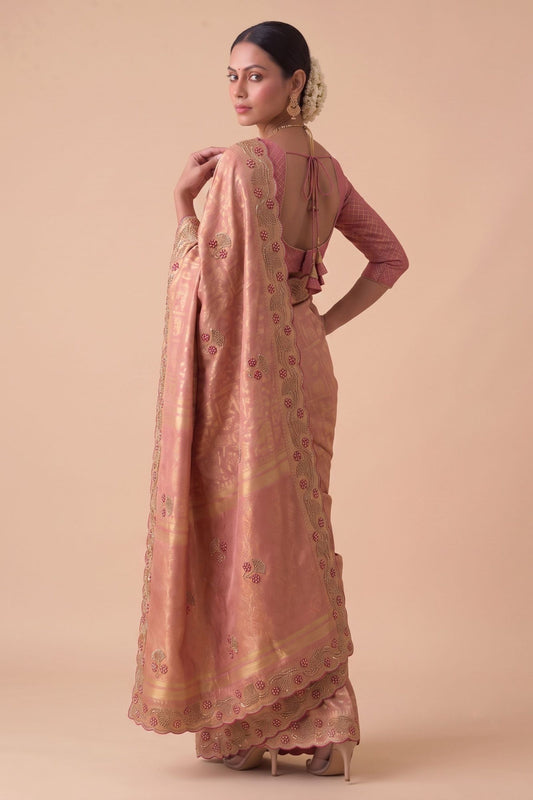 Beautiful Rose Pink Banarasi Silk Woven Saree Hand Work for Women