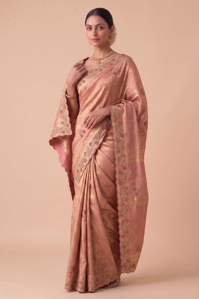Beautiful Rose Pink Banarasi Silk Woven Saree Hand Work for Women