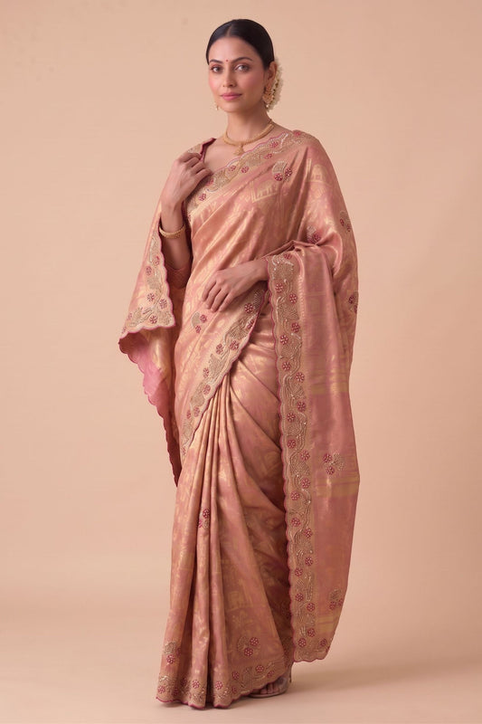 Beautiful Rose Pink Banarasi Silk Woven Saree Hand Work for Women
