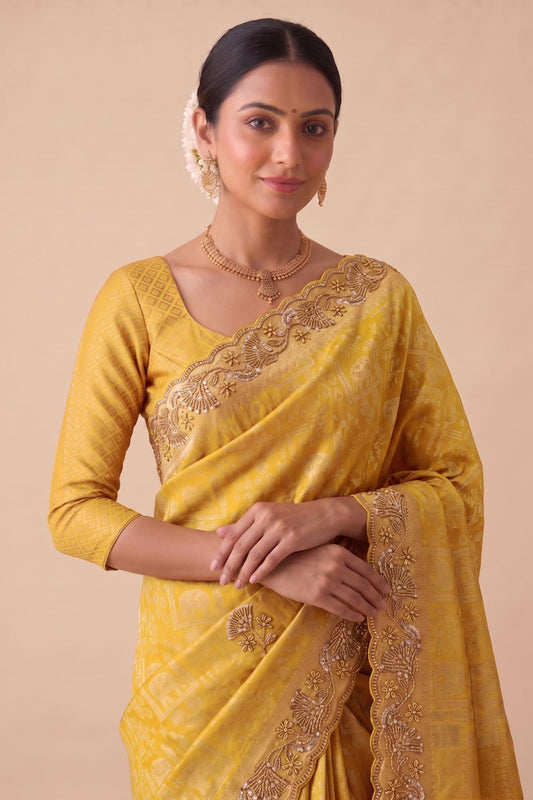 Stylish Mustard Yellow Banarasi Silk Woven Saree Hand Work for Women