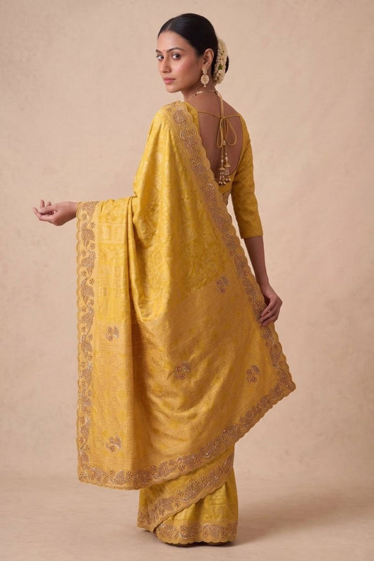 Stylish Mustard Yellow Banarasi Silk Woven Saree Hand Work for Women