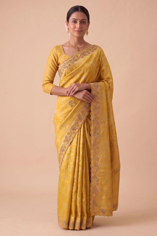 Stylish Mustard Yellow Banarasi Silk Woven Saree Hand Work for Women