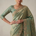 Graceful Sage Green Banarasi Silk Woven Saree Hand Work for Women