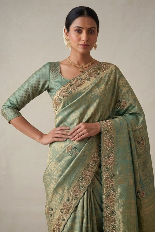 Graceful Sage Green Banarasi Silk Woven Saree Hand Work for Women
