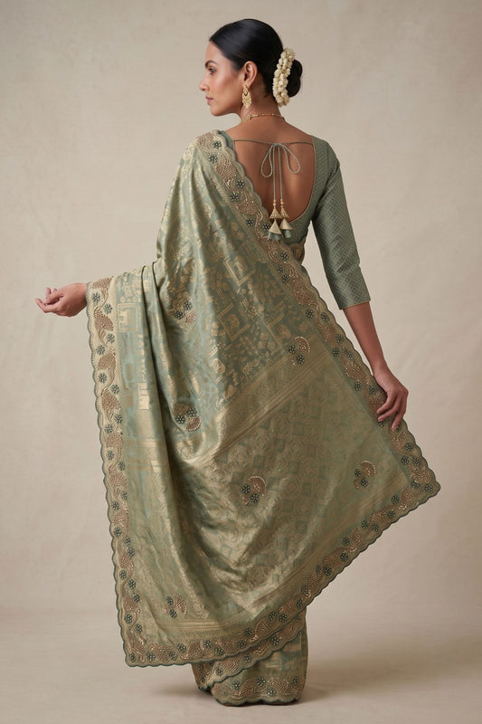 Graceful Sage Green Banarasi Silk Woven Saree Hand Work for Women