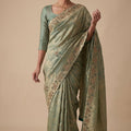 Graceful Sage Green Banarasi Silk Woven Saree Hand Work for Women