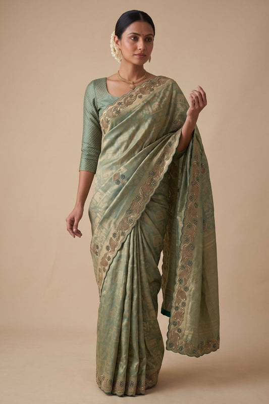 Graceful Sage Green Banarasi Silk Woven Saree Hand Work for Women