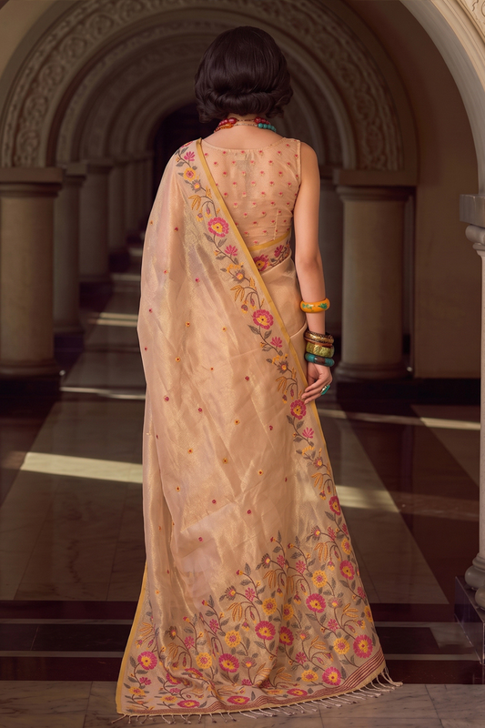 Premium Cream Tissue Silk Saree Embroidery Work for Women