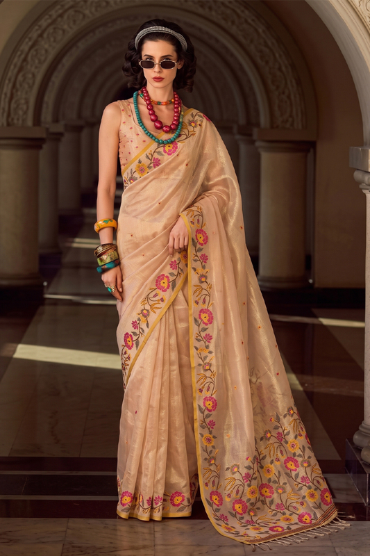Premium Cream Tissue Silk Saree Embroidery Work for Women