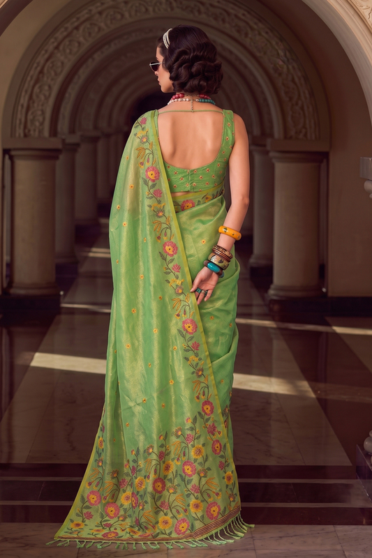 Graceful Pista Green Tissue Silk Saree Embroidery Work for Women