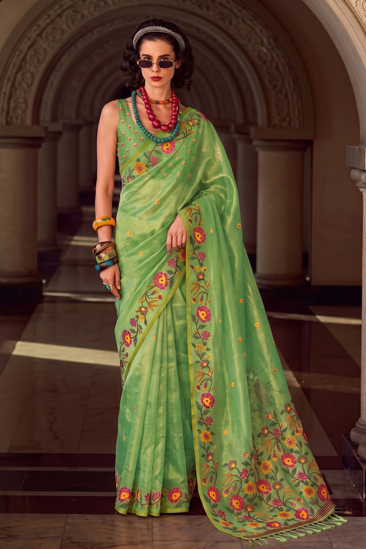 Graceful Pista Green Tissue Silk Saree Embroidery Work for Women