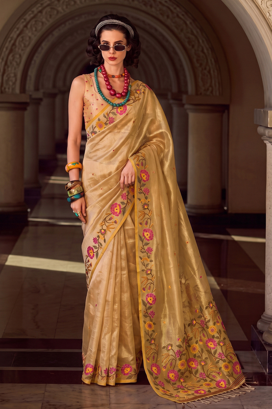 Lovely Gold Tissue Silk Saree Embroidery Work for Women