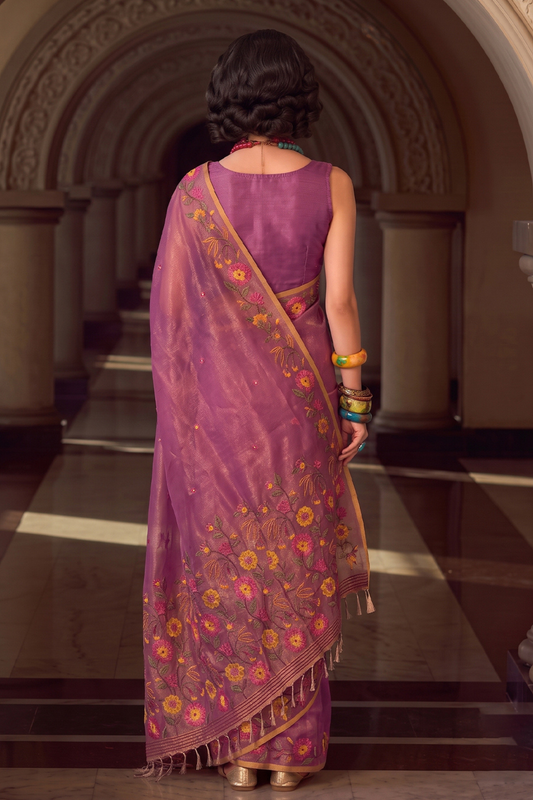 Royal Purple Tissue Silk Saree Embroidery Work for Women