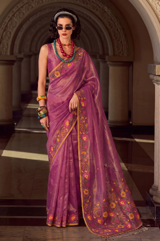 Royal Purple Tissue Silk Saree Embroidery Work for Women