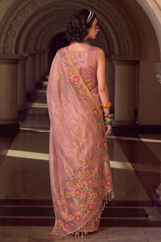 Beautiful Baby Pink Tissue Silk Saree Embroidery Work for Women