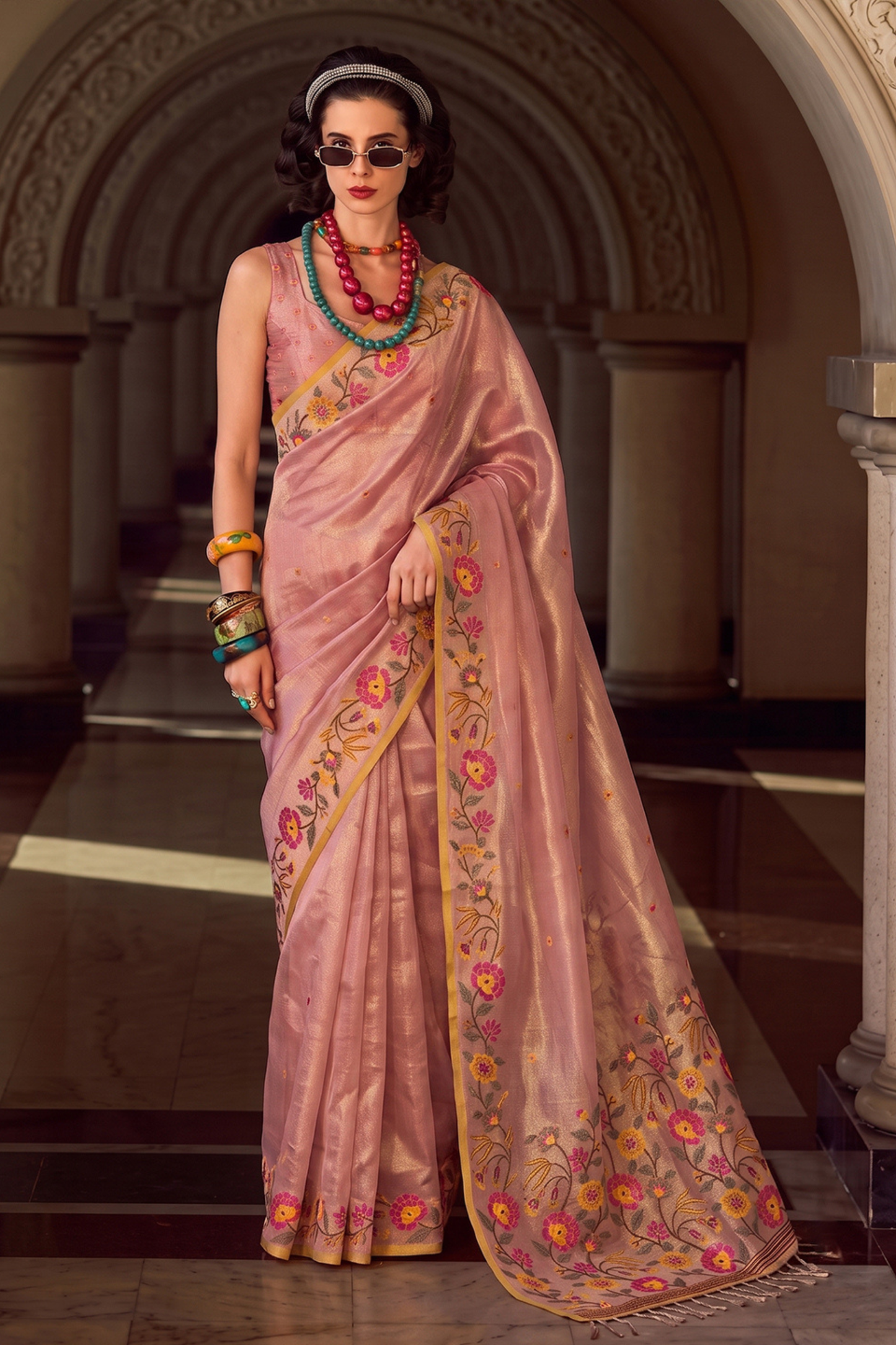Beautiful Baby Pink Tissue Silk Saree Embroidery Work for Women
