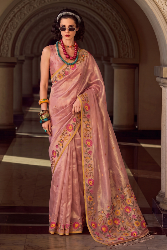 Beautiful Baby Pink Tissue Silk Saree Embroidery Work for Women