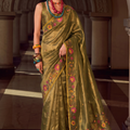 Elegant Olive Green Tissue Silk Saree Embroidery Work for Women
