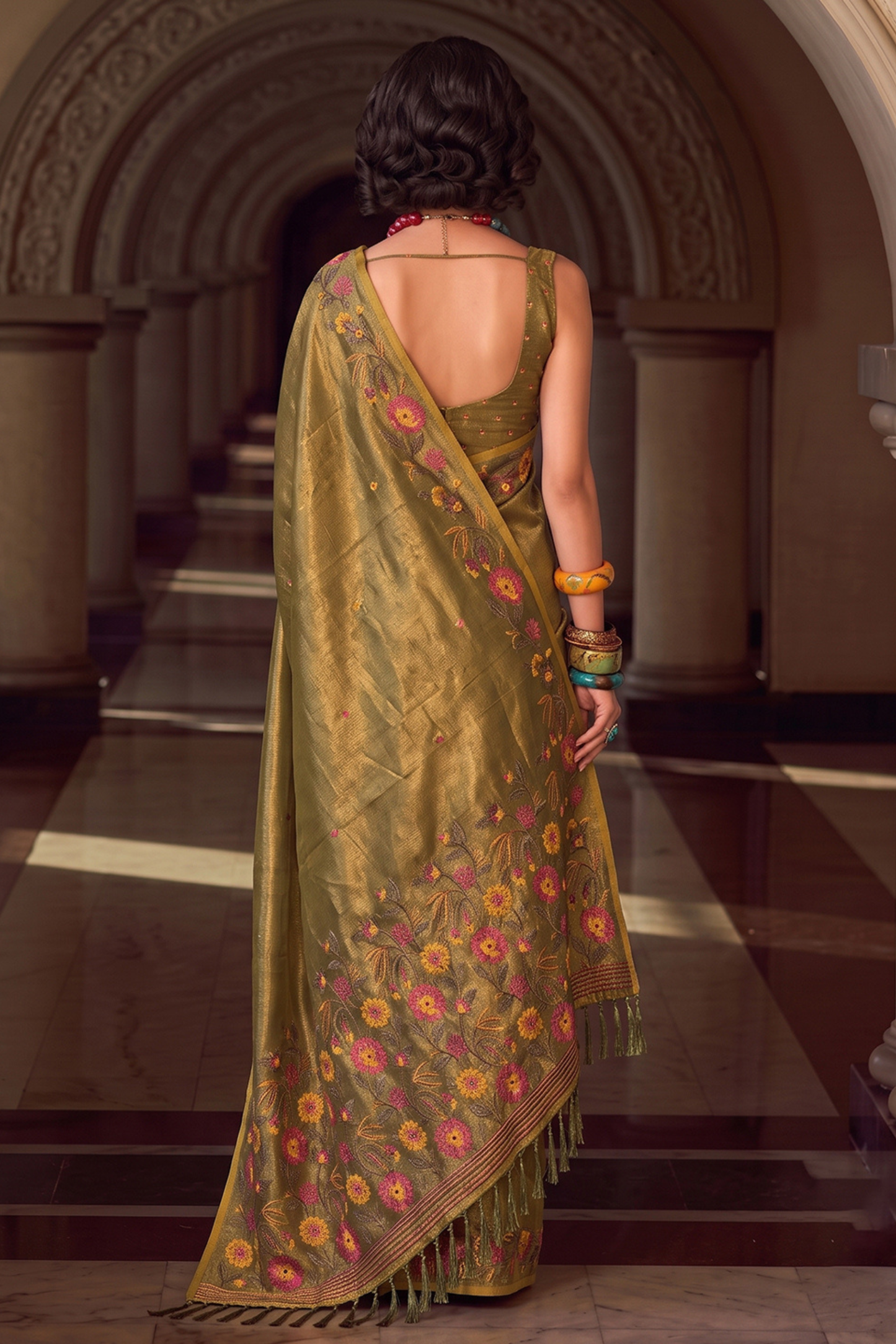 Elegant Olive Green Tissue Silk Saree Embroidery Work for Women