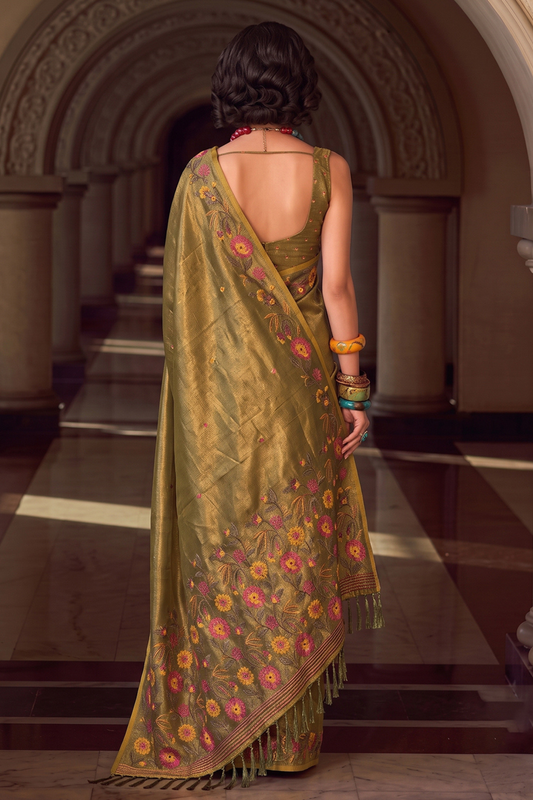 Elegant Olive Green Tissue Silk Saree Embroidery Work for Women