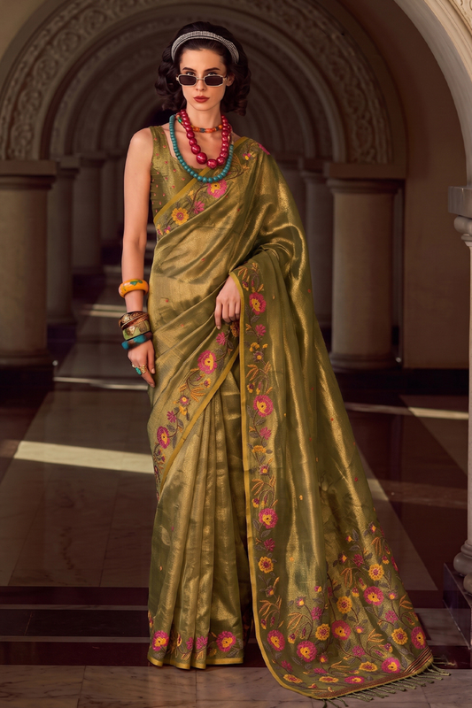Elegant Olive Green Tissue Silk Saree Embroidery Work for Women