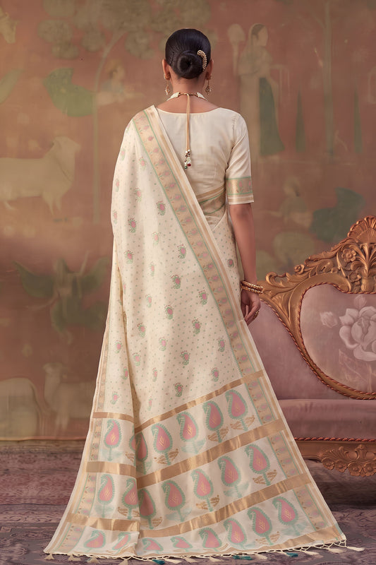 Elegant Off White Soft Silk Woven Jacquard Saree for Women