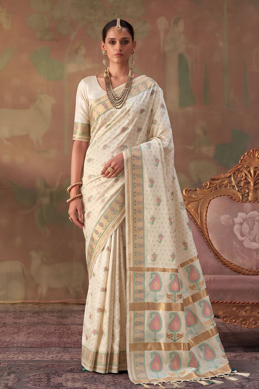 Elegant Off White Soft Silk Woven Jacquard Saree for Women