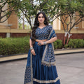 Stunning Navy Blue Satin Designer Lehenga Choli Set with Embroidery Work and Dupatta