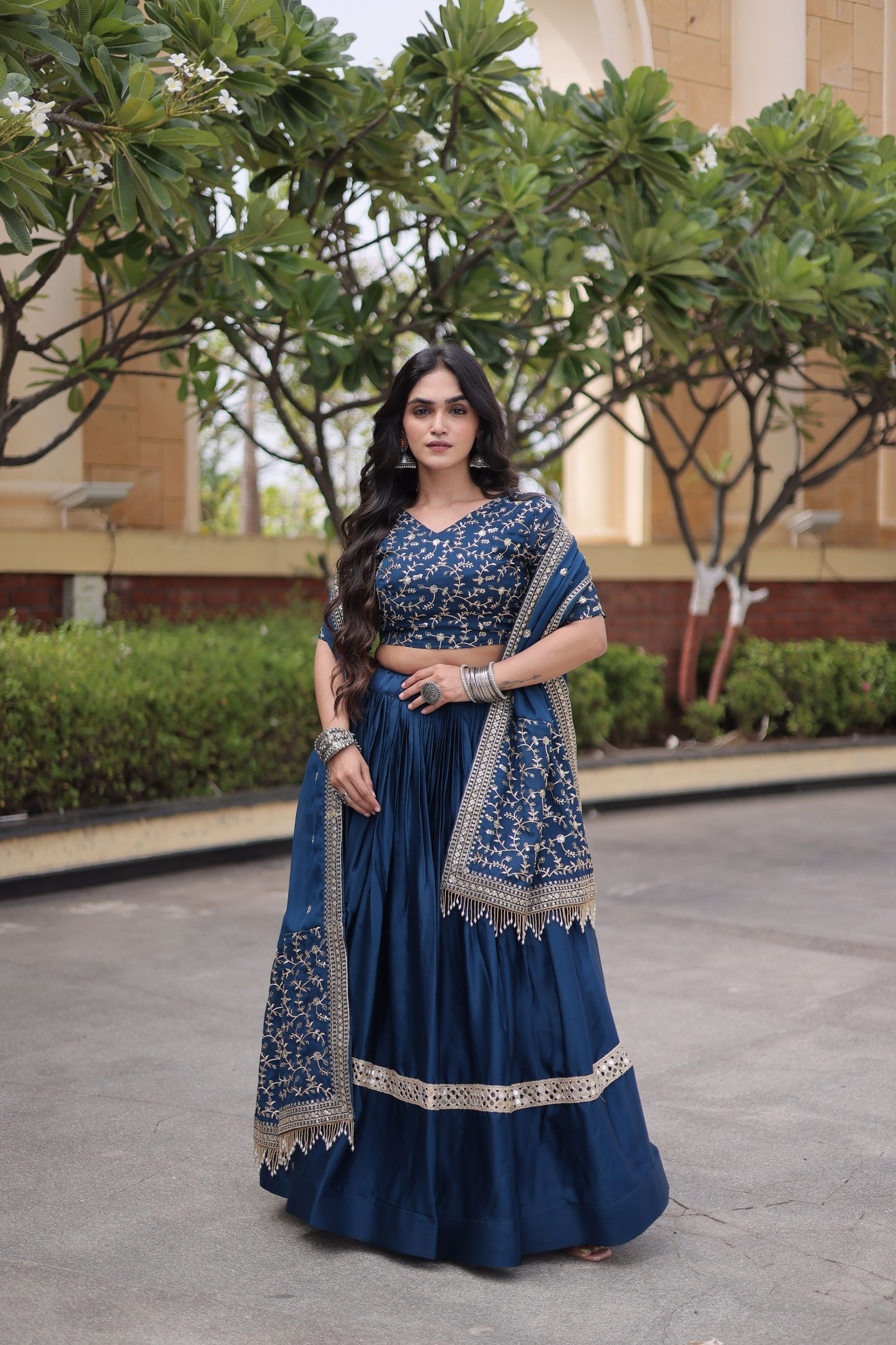 Stunning Navy Blue Satin Designer Lehenga Choli Set with Embroidery Work and Dupatta
