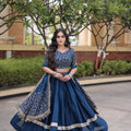 Stunning Navy Blue Satin Designer Lehenga Choli Set with Embroidery Work and Dupatta