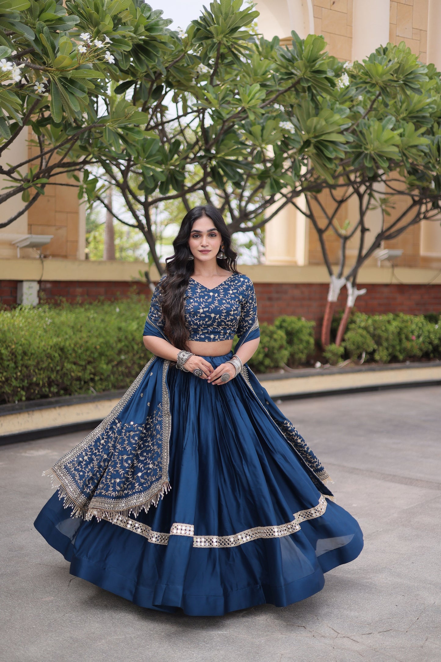 Stunning Navy Blue Satin Designer Lehenga Choli Set with Embroidery Work and Dupatta