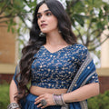 Stunning Navy Blue Satin Designer Lehenga Choli Set with Embroidery Work and Dupatta