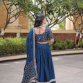 Stunning Navy Blue Satin Designer Lehenga Choli Set with Embroidery Work and Dupatta