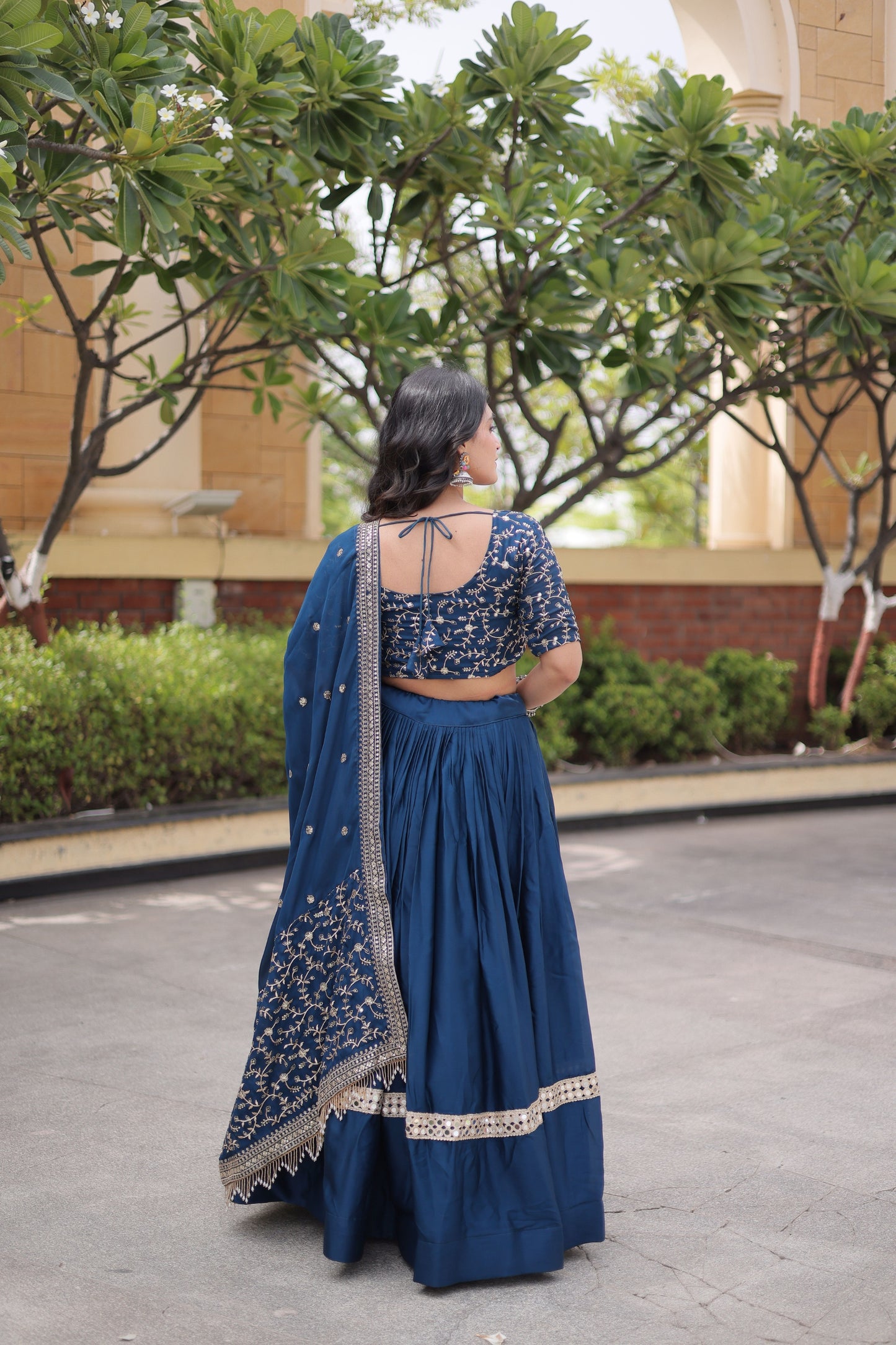 Stunning Navy Blue Satin Designer Lehenga Choli Set with Embroidery Work and Dupatta