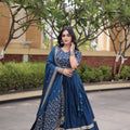 Stunning Navy Blue Satin Designer Lehenga Choli Set with Embroidery Work and Dupatta