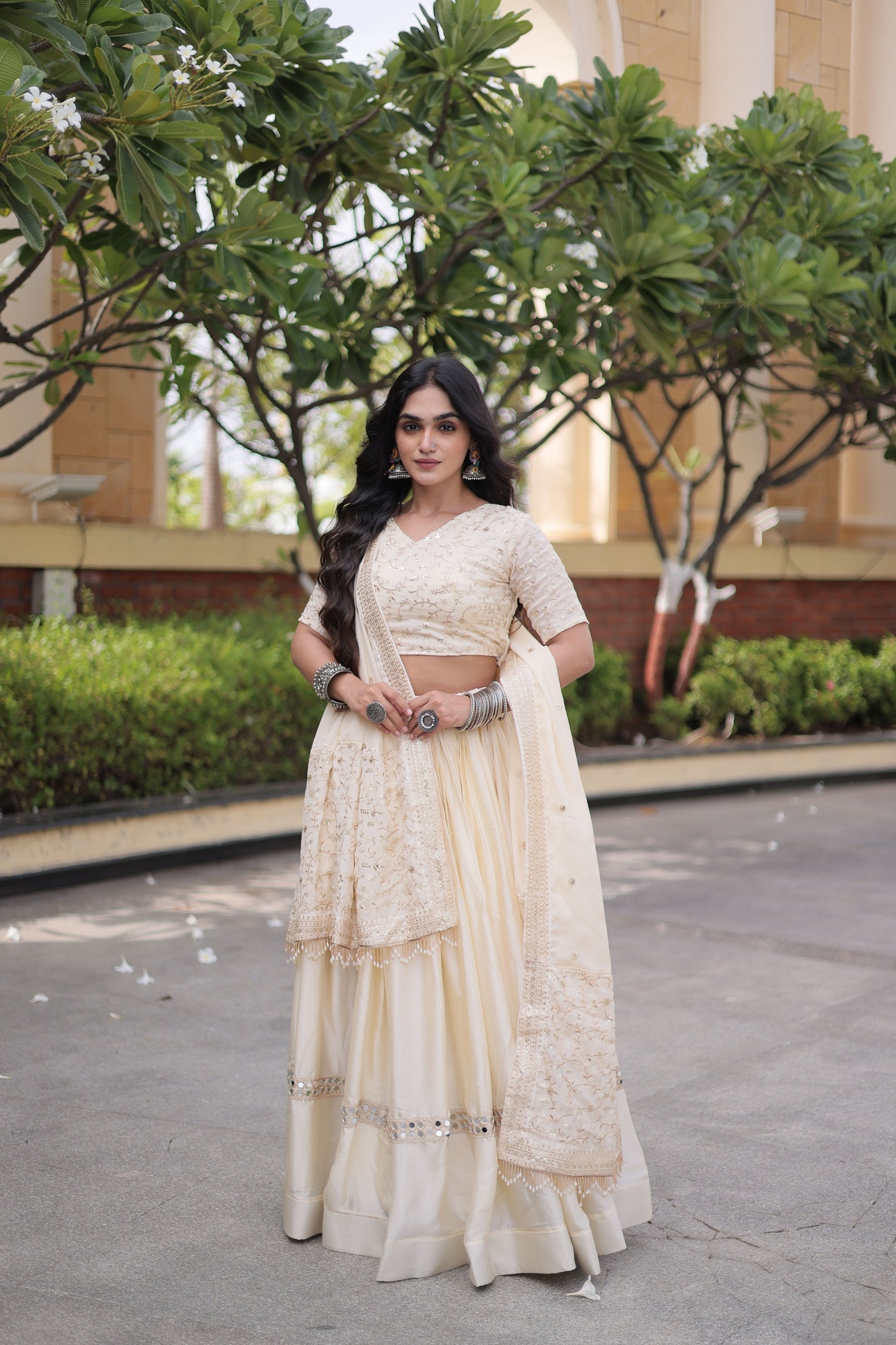 Beautiful Off White Satin Designer Lehenga Choli Set with Embroidery Work and Dupatta
