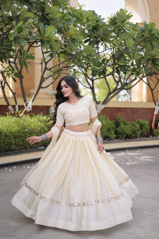 Beautiful Off White Satin Designer Lehenga Choli Set with Embroidery Work and Dupatta