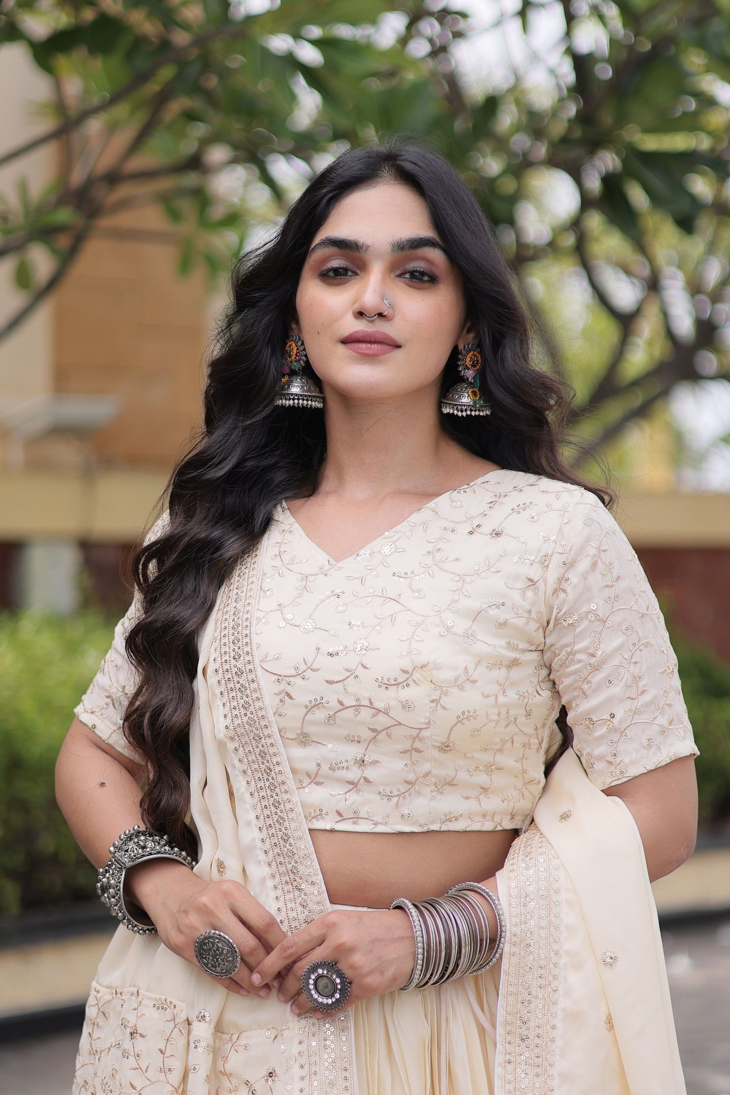 Beautiful Off White Satin Designer Lehenga Choli Set with Embroidery Work and Dupatta