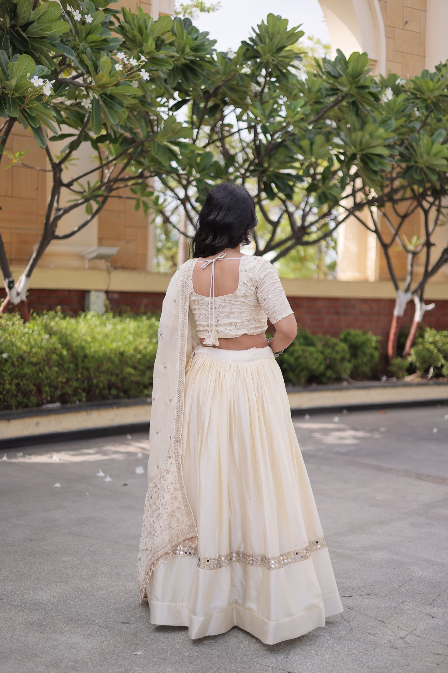 Beautiful Off White Satin Designer Lehenga Choli Set with Embroidery Work and Dupatta