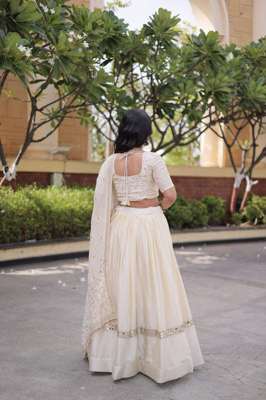 Beautiful Off White Satin Designer Lehenga Choli Set with Embroidery Work and Dupatta