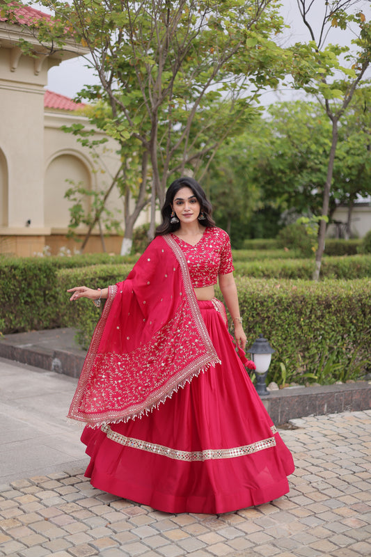 Gorgeous Rani Pink Satin Designer Lehenga Choli Set with Embroidery Work and Dupatta
