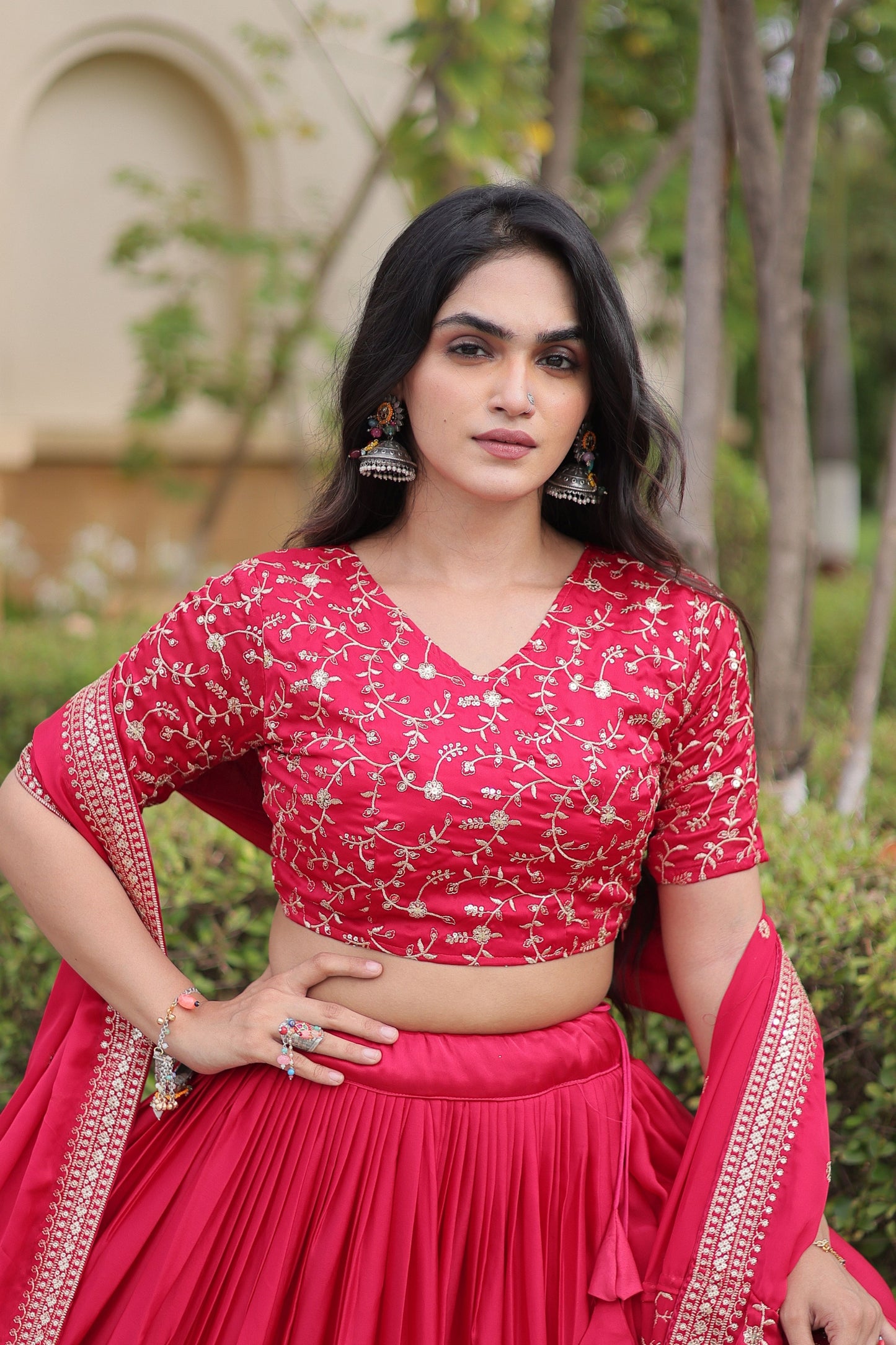 Gorgeous Rani Pink Satin Designer Lehenga Choli Set with Embroidery Work and Dupatta